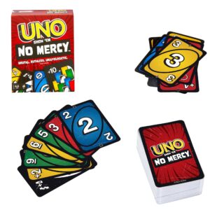 Mattel Games UNO No Mercy Card Game Family Board Game with New Cards, Special Rules and More Ruthless Penalties, +7 Years (HWV18)