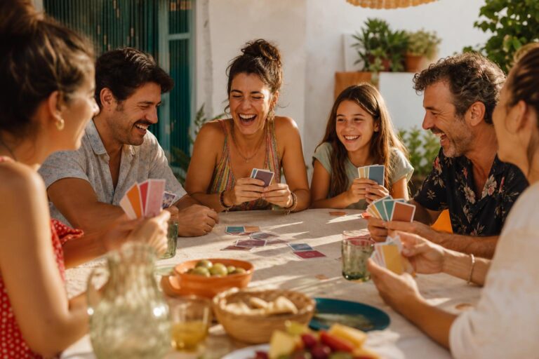 Familia y amigos jugando a party games familiares en una sobremesa de verano