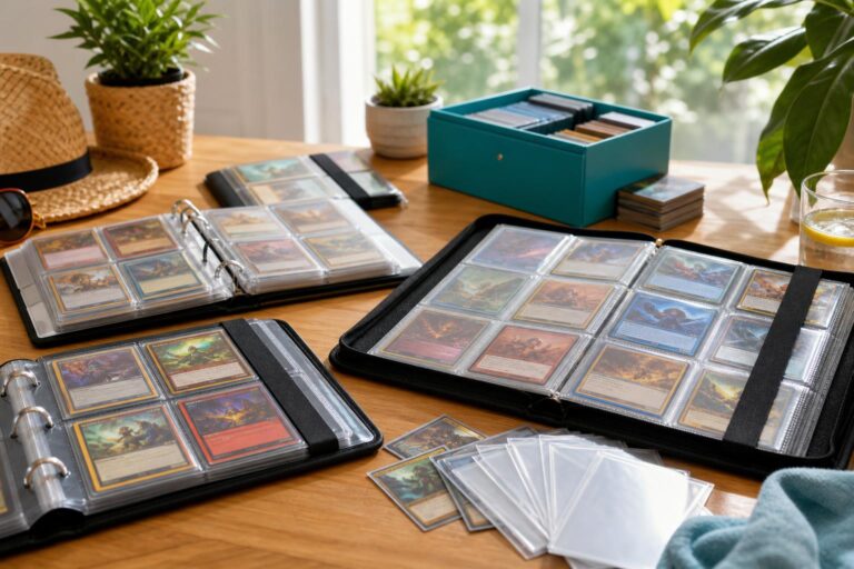 Álbumes y archivadores para cartas Pokémon y TCG organizados sobre una mesa