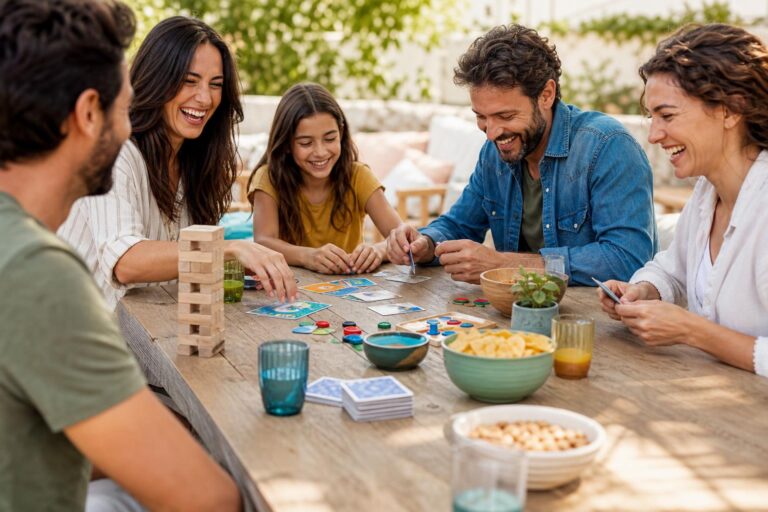 Mesa de verano con juegos de mesa sencillos para jugar en familia sin reglas complicadas